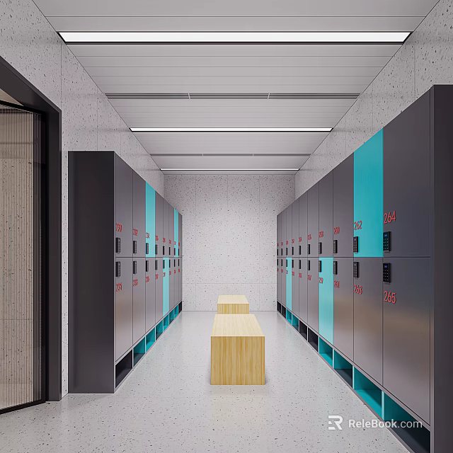 Modern Locker Corridor With Gray Turquoise Cabinets Red Numbers And Wooden Benches 3d model 