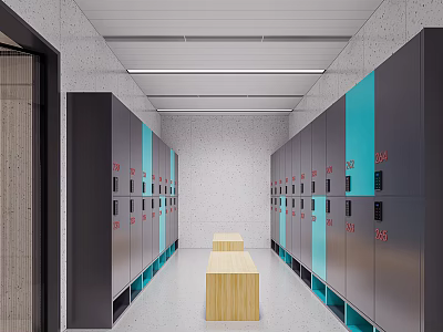 Modern Locker Corridor With Gray Turquoise Cabinets Red Numbers And Wooden Benches 3d model