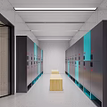 Modern Locker Corridor With Gray Turquoise Cabinets Red Numbers And Wooden Benches