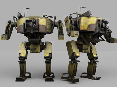 Mechanical Robots In Industrial Style With Weathered Yellow Black Color And Mechanical Limbs 3d model