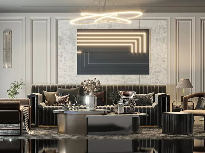 Modern Living Room Interior With Velvet Sofa And Metal Coffee Table Set Decorative Pillows Artwork Pendant Light 3d model