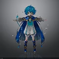 Anime Character With Blue Hair Blue Cape And White Outfit Standing With Light Particles