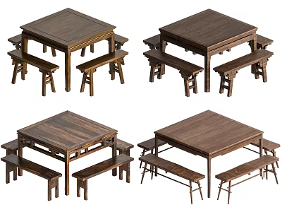 Four Piece Solid Wooden Square Dining Table Set with Matching Benches 3d model