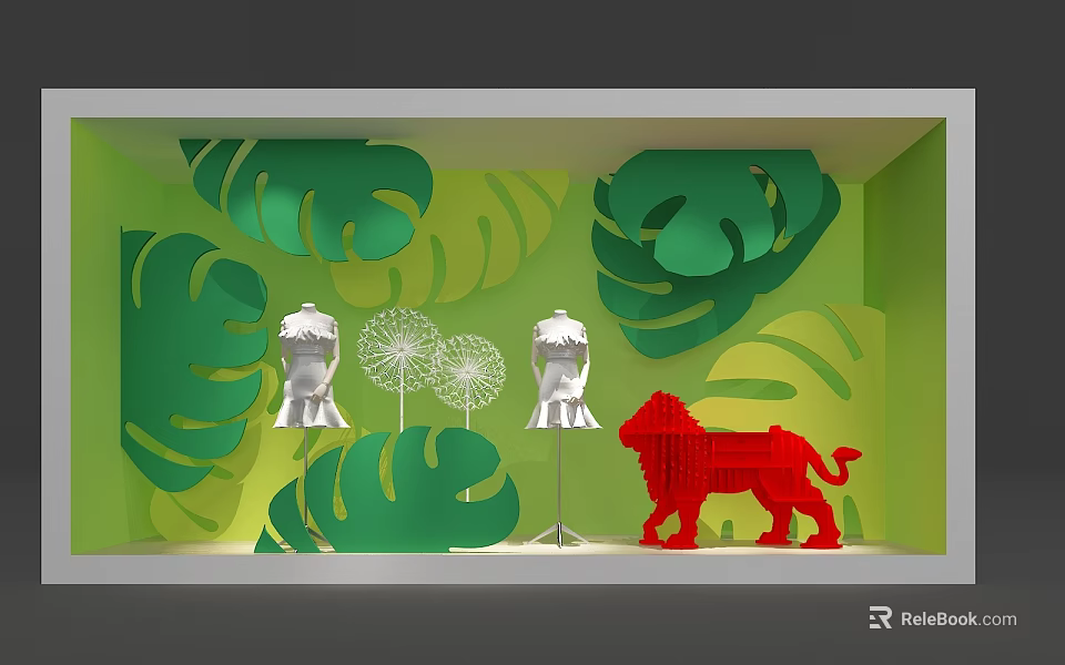 Tropical Window Display With Green Leaf Backdrop White Mannequins Dandelion Decor And Red Lion Cutout 3d model 
