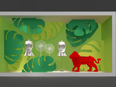 Tropical Window Display With Green Leaf Backdrop White Mannequins Dandelion Decor And Red Lion Cutout 3d model