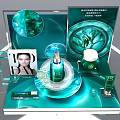 Elegant Green Perfume Cosmetics Skincare Products With Bottles And Boxes On White Display Stand