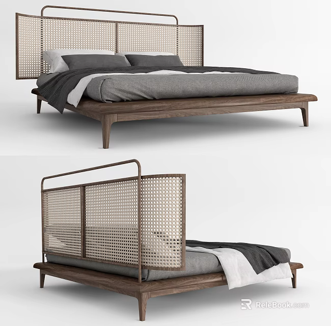 Modern Double Bed With Rattan Headboard Wooden Frame Gray And White Bedding Elegant Design 3d model 