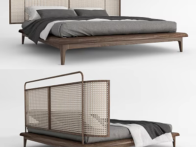 Modern Double Bed With Rattan Headboard Wooden Frame Gray And White Bedding Elegant Design 3d model