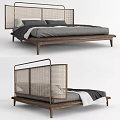 Modern Double Bed With Rattan Headboard Wooden Frame Gray And White Bedding Elegant Design