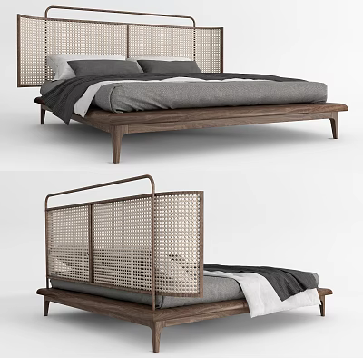 Modern Double Bed With Rattan Headboard Wooden Frame Gray And White Bedding Elegant Design 3d model