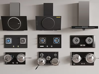 Stylish Modern Kitchen Appliances Featuring Range Hoods Stovetops And Control Panels 3d model