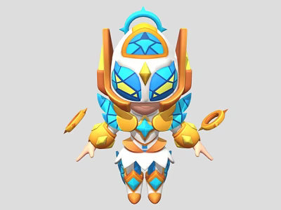 Cartoon Style Game Character With Blue Yellow Color Scheme Geometric Patterns And Decorative Armor Accessories 3d model