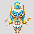 Cartoon Style Game Character With Blue Yellow Color Scheme Geometric Patterns And Decorative Armor Accessories
