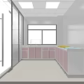 Clean Interior Space With Pink Cabinets White Countertops Sink And Window Blinds