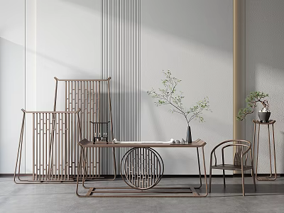 Modern Chinese Style Desk Interior With Wooden Screen Chair Plant Decor And Minimalist Wall 3d model