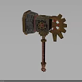 Ornate Mechanical Hammer With Red Gold Handle And Decorative Gear Design