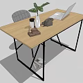 Modern Office Desk With Wooden Tabletop Black Metal Legs Laptop Green Plant And Decorative Items