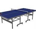 Professional Ping Pong Table With Blue Tabletop Net And Red Paddles On Wheeled Frame