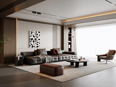 Modern Living Room Interior Featuring Black Leather Sofa Brown Armchair Coffee Table And Abstract Art 3d model