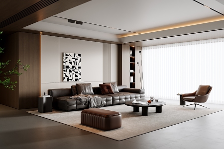 Modern Italian Living Room Without Main Lights Living Room Italian Light Luxury Sofa Coffee Table Combination Leather Sofa Multi-Person Sofa Single Person Sofa Background Wall Black and White Hanging Picture 3d model