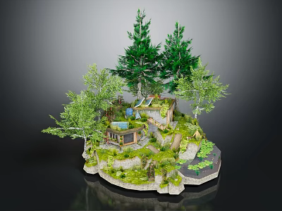 Miniature Architectural House in Lush Green Landscape with Trees Grass and Pond 3d model
