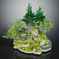 Miniature Architectural House in Lush Green Landscape with Trees Grass and Pond