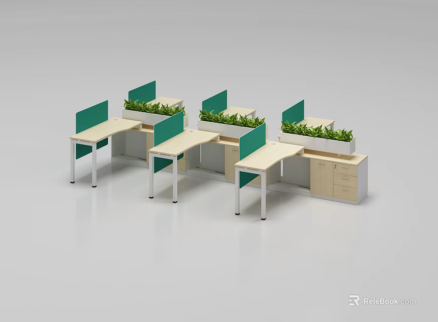 Modern Office Desks With Green Partitions Multiple Workstations And Drawer Cabinets 3d model