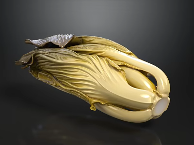Yellow And White Chinese Cabbage Porcelain Sculpture With Leaves And Roots On Dark Background 3d model