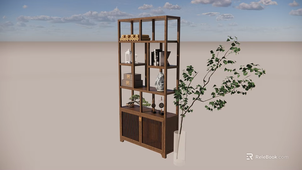 Wooden Shelving Unit With Multiple Shelves Displaying Decorative Items And Green Plant 3d model 