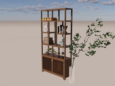 Wooden Shelving Unit With Multiple Shelves Displaying Decorative Items And Green Plant 3d model