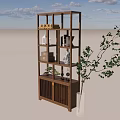 Wooden Shelving Unit With Multiple Shelves Displaying Decorative Items And Green Plant