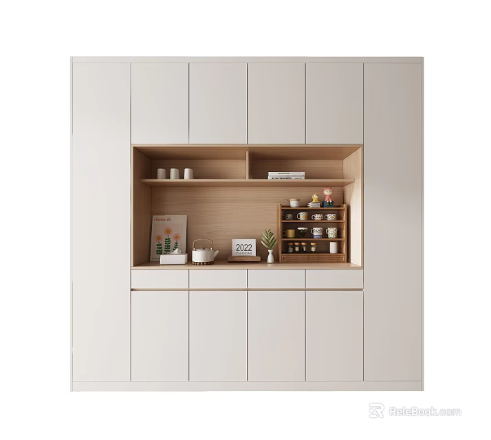 Modern White Wine Cabinet With Open Shelves Holding Wine Bottles And Decorative Items 3d model 