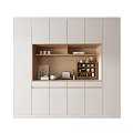 Modern White Wine Cabinet With Open Shelves Holding Wine Bottles And Decorative Items