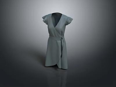 Fashionable Gray Women's V neck Short Sleeve Wrap Belt Simple Style Dress 3d model