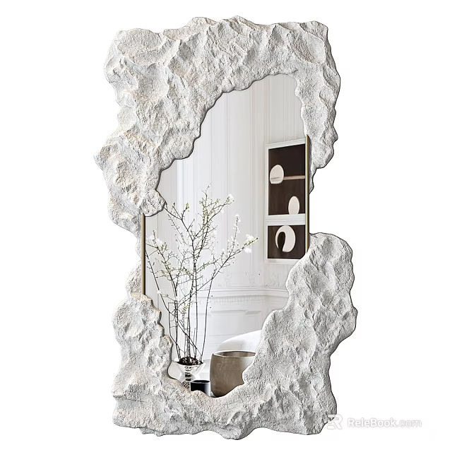 Rough White Textured Mirror Frame With Branches Vase And Wall Art In Modern Interior Design 3d model 