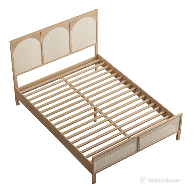 Minimalist Wooden Double Bed With Arched Rattan Headboard And Slatted Frame 3d model 