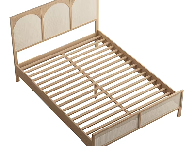 Minimalist Wooden Double Bed With Arched Rattan Headboard And Slatted Frame 3d model