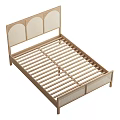 Minimalist Wooden Double Bed With Arched Rattan Headboard And Slatted Frame