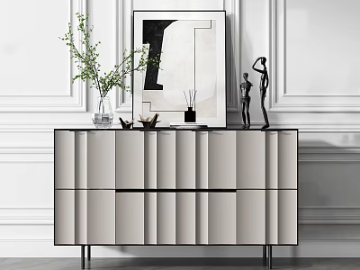 Modern Entryway Console Cabinet With Sleek Design Metal Legs And Decorative Vase Sculpture Art 3d model