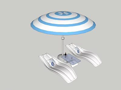 Outdoor Lounge Chairs with Blue and White Striped Umbrella and Side Table 3d model