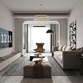 Modern Living Dining Room Interior With Beige Sofa Coffee Table Circular Chandelier And Abstract Artwork