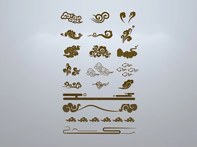 Brown Decorative Carving Patterns Featuring Cloud Motifs Curled Floral Designs Arranged on White Background 3d model