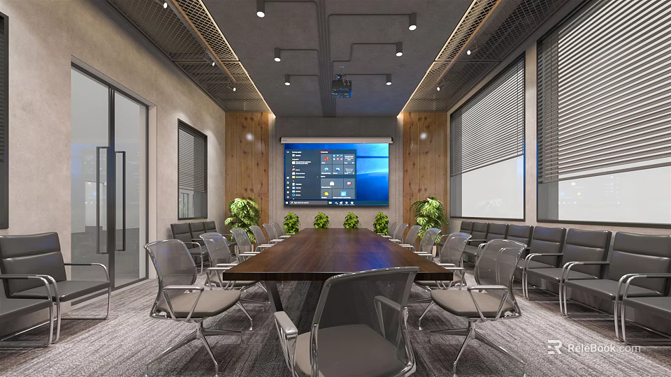 Modern Conference Room With Long Wooden Table Gray Chairs Green Plants Large Screen Recessed Lighting 3d model 