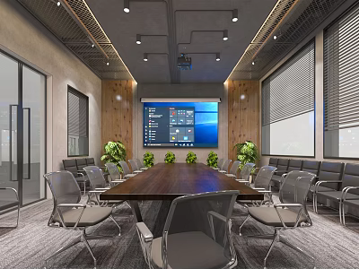Modern Conference Room With Long Wooden Table Gray Chairs Green Plants Large Screen Recessed Lighting 3d model