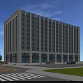 Modern Office Building Exterior With Glass Facade Surrounding Lawn Trees And Parked Car