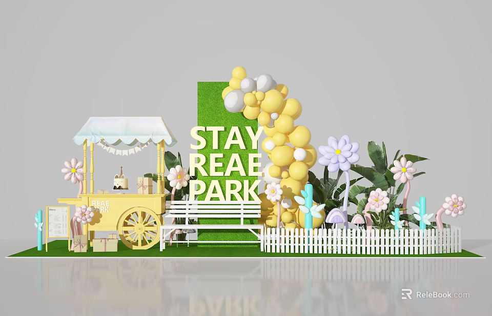 Stay Real Park Photo Spot With Green Backdrop Yellow White Balloons And Flowers 3d model 