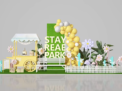 Stay Real Park Photo Spot With Green Backdrop Yellow White Balloons And Flowers 3d model