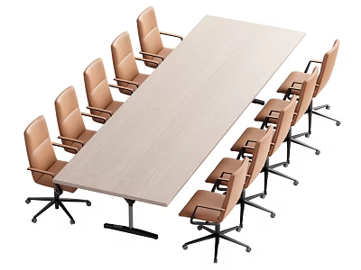 Wooden Modern Office Conference Table With Brown Rolling Chairs For Meeting Room 3d model