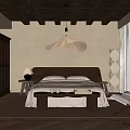 Warm Bedroom Interior With Wooden Beam Ceiling Woven Pendant Light King Bed And Accent Chair