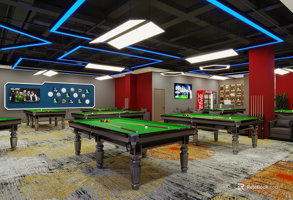 Modern Billiard Room Interior With Pool Tables And Stylish Lighting 3d model